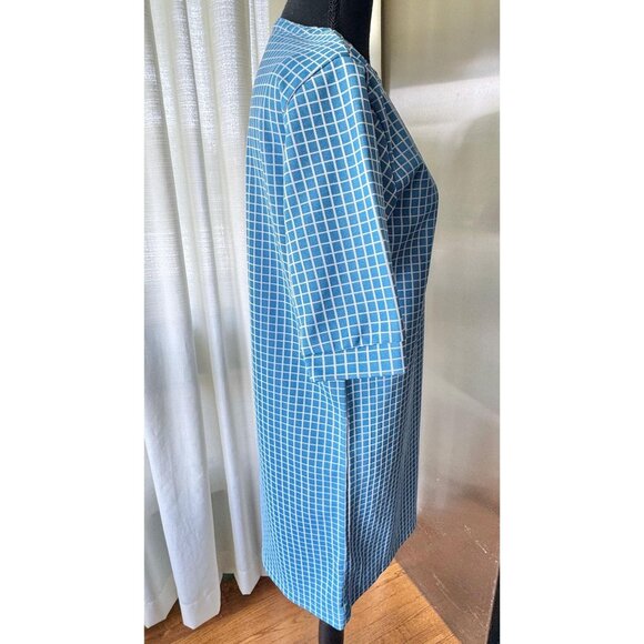 Vintage 60s mini dress, Mod blue white geometric checkered, straight cut - Picture 5 of 8